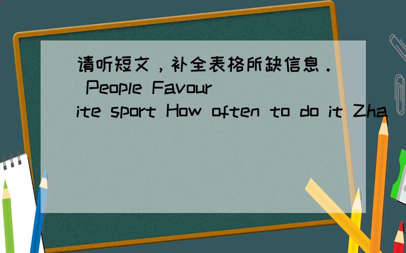 请听短文，补全表格所缺信息。 People Favourite sport How often to do it Zha