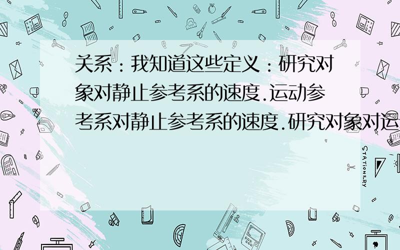 关系：我知道这些定义：研究对象对静止参考系的速度.运动参考系对静止参考系的速度.研究对象对运动参考系的速度.可是什么是运