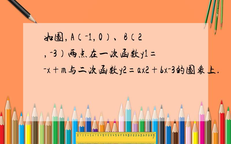 如图，A（-1，0）、B（2，-3）两点在一次函数y1=-x+m与二次函数y2=ax2+bx-3的图象上．