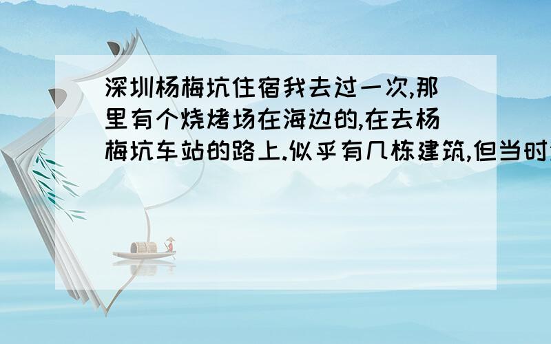 深圳杨梅坑住宿我去过一次,那里有个烧烤场在海边的,在去杨梅坑车站的路上.似乎有几栋建筑,但当时没留意是不是住宿的.有人知