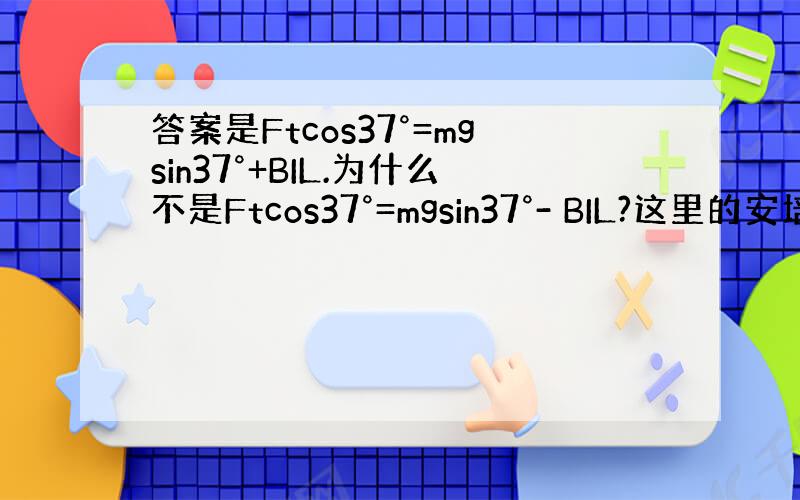 答案是Ftcos37°=mgsin37°+BIL.为什么不是Ftcos37°=mgsin37°- BIL?这里的安培力是