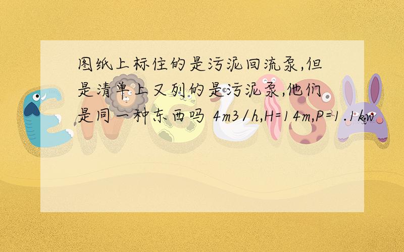 图纸上标住的是污泥回流泵,但是清单上又列的是污泥泵,他们是同一种东西吗 4m3/h,H=14m,P=1.1kw