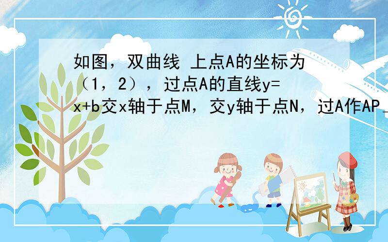 如图，双曲线 上点A的坐标为（1，2），过点A的直线y=x+b交x轴于点M，交y轴于点N，过A作AP⊥x轴于点P。