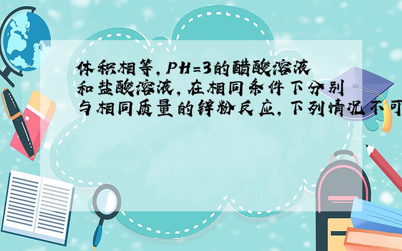 体积相等,PH=3的醋酸溶液和盐酸溶液,在相同条件下分别与相同质量的锌粉反应,下列情况不可能存在的是：