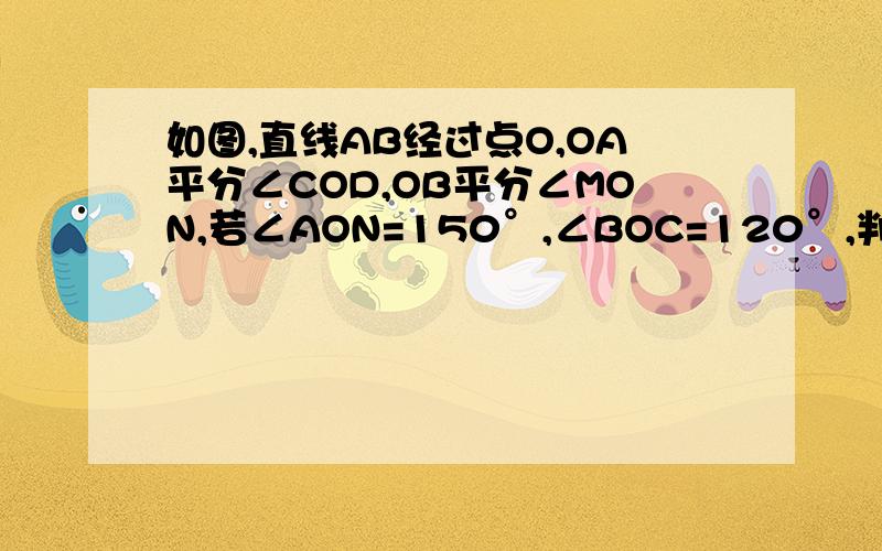 如图,直线AB经过点O,OA平分∠COD,OB平分∠MON,若∠AON=150°,∠BOC=120°,判断OD与ON的位