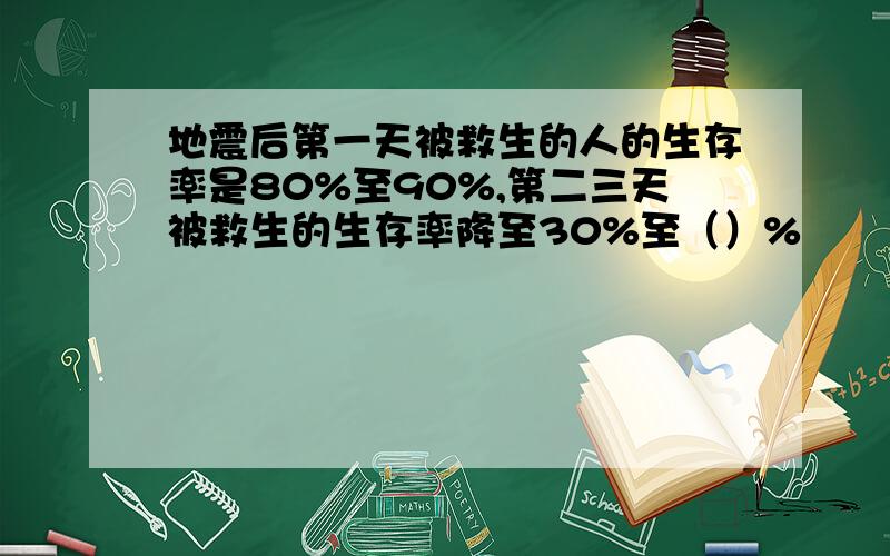 地震后第一天被救生的人的生存率是80%至90%,第二三天被救生的生存率降至30%至（）%