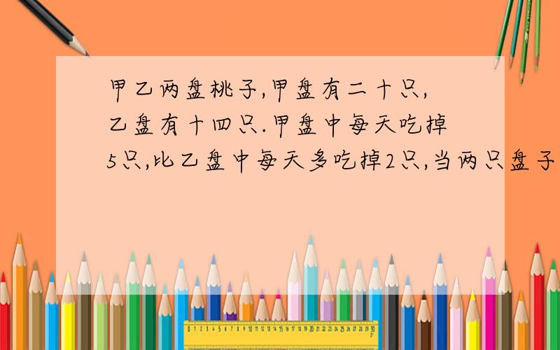 甲乙两盘桃子,甲盘有二十只,乙盘有十四只.甲盘中每天吃掉5只,比乙盘中每天多吃掉2只,当两只盘子里桃