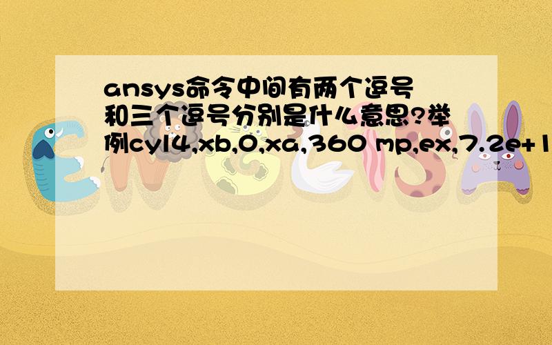 ansys命令中间有两个逗号和三个逗号分别是什么意思?举例cyl4,xb,0,xa,360 mp,ex,7.2e+10