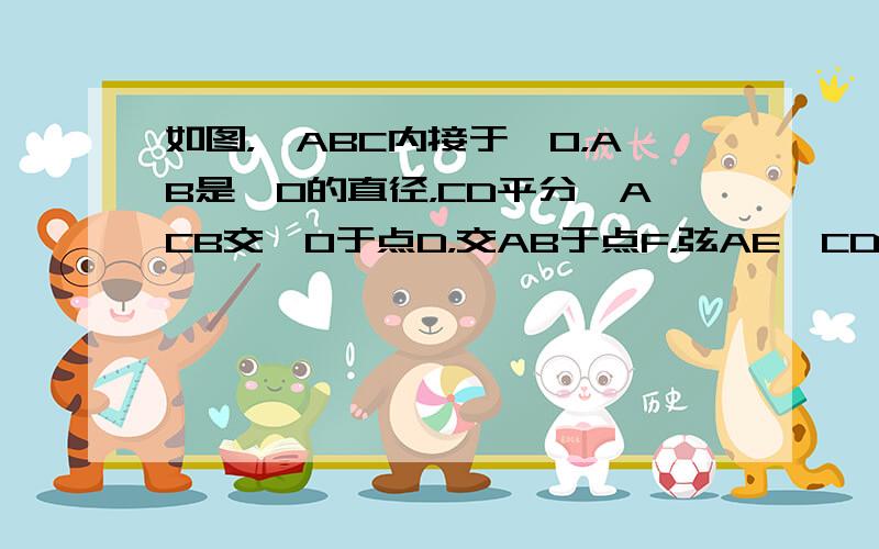 如图，△ABC内接于⊙O，AB是⊙O的直径，CD平分∠ACB交⊙O于点D，交AB于点F，弦AE⊥CD于点H，连接CE、O