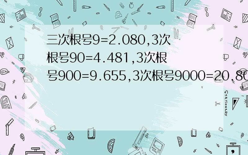 三次根号9=2.080,3次根号90=4.481,3次根号900=9.655,3次根号9000=20.80 （1）根据上