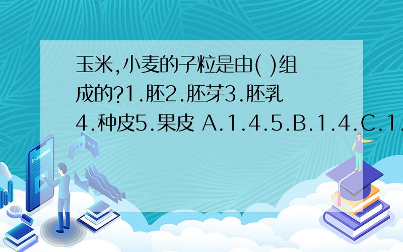 玉米,小麦的子粒是由( )组成的?1.胚2.胚芽3.胚乳4.种皮5.果皮 A.1.4.5.B.1.4.C.1.3.4.5