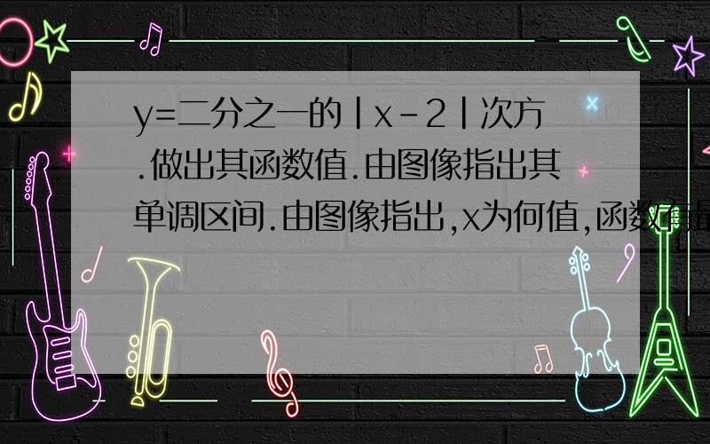 y=二分之一的|x-2|次方.做出其函数值.由图像指出其单调区间.由图像指出,x为何值,函数有最值