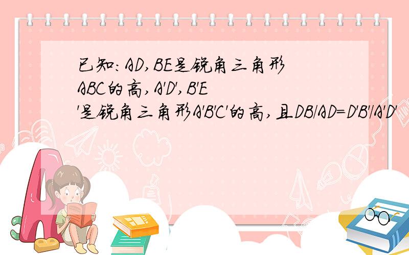 已知:AD,BE是锐角三角形ABC的高,A'D',B'E'是锐角三角形A'B'C'的高,且DB/AD=D'B'/A'D'