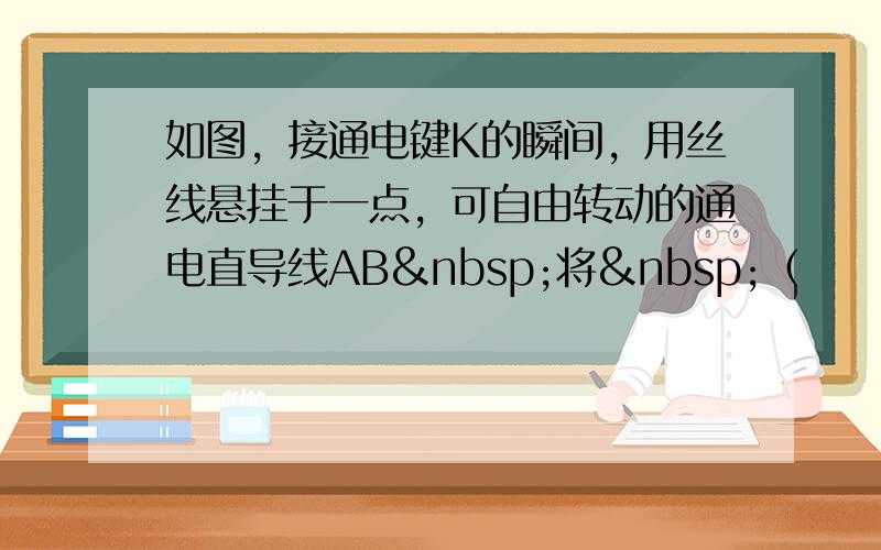 如图，接通电键K的瞬间，用丝线悬挂于一点，可自由转动的通电直导线AB 将 （　　）