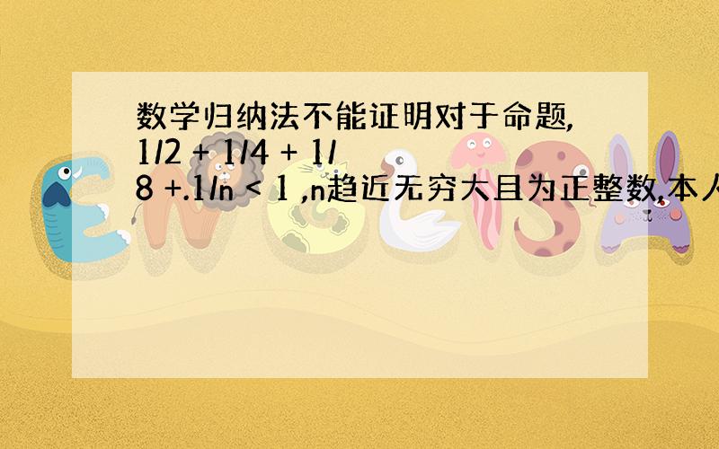 数学归纳法不能证明对于命题,1/2 + 1/4 + 1/8 +.1/n < 1 ,n趋近无穷大且为正整数,本人觉得像这样