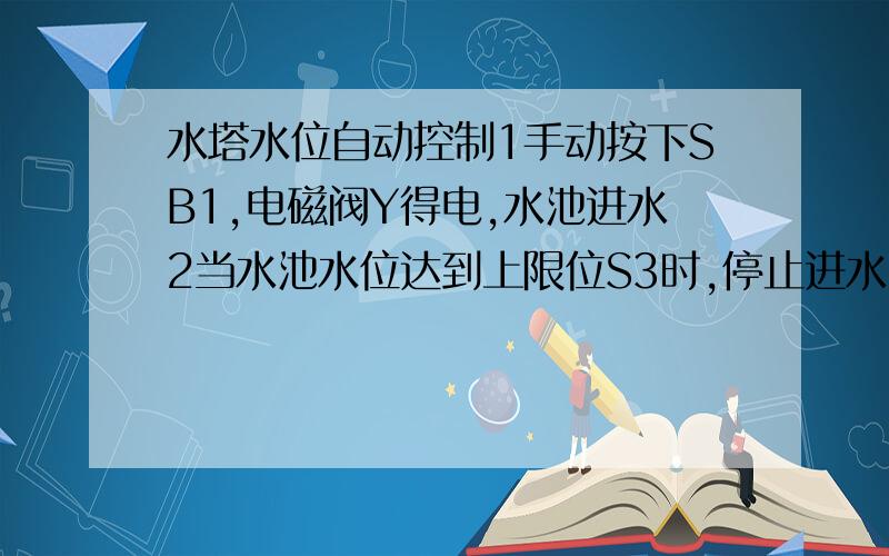 水塔水位自动控制1手动按下SB1,电磁阀Y得电,水池进水2当水池水位达到上限位S3时,停止进水3当水塔水位低于下限S2,