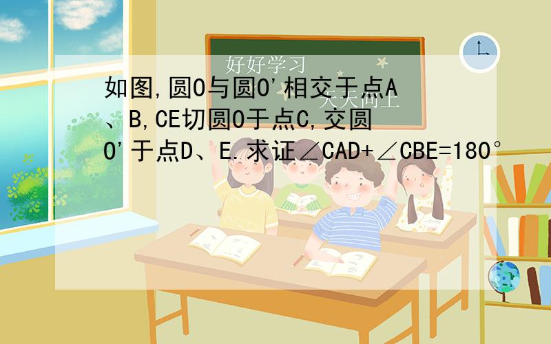 如图,圆O与圆O'相交于点A、B,CE切圆O于点C,交圆O'于点D、E.求证∠CAD+∠CBE=180°