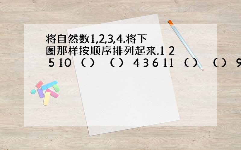 将自然数1,2,3,4.将下图那样按顺序排列起来.1 2 5 10 （ ） （ ） 4 3 6 11 （ ） （ ） 9