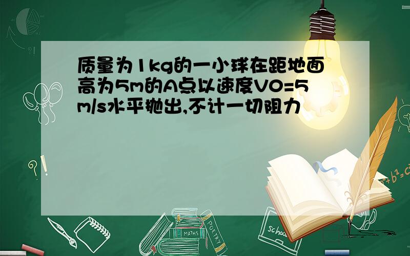 质量为1kg的一小球在距地面高为5m的A点以速度V0=5m/s水平抛出,不计一切阻力