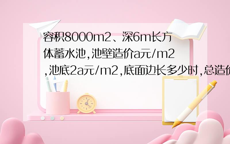 容积8000m2、深6m长方体蓄水池,池壁造价a元/m2,池底2a元/m2,底面边长多少时,总造价最低,最低多少?