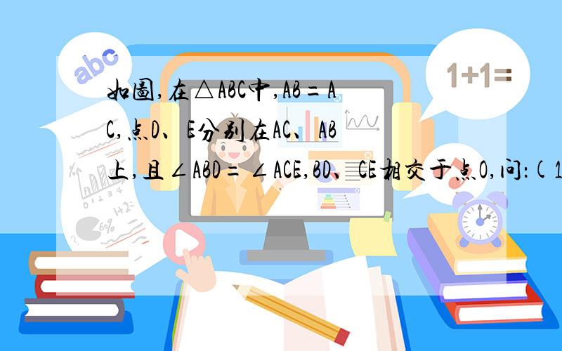 如图,在△ABC中,AB=AC,点D、E分别在AC、AB上,且∠ABD=∠ACE,BD、CE相交于点O,问：(1)OB和