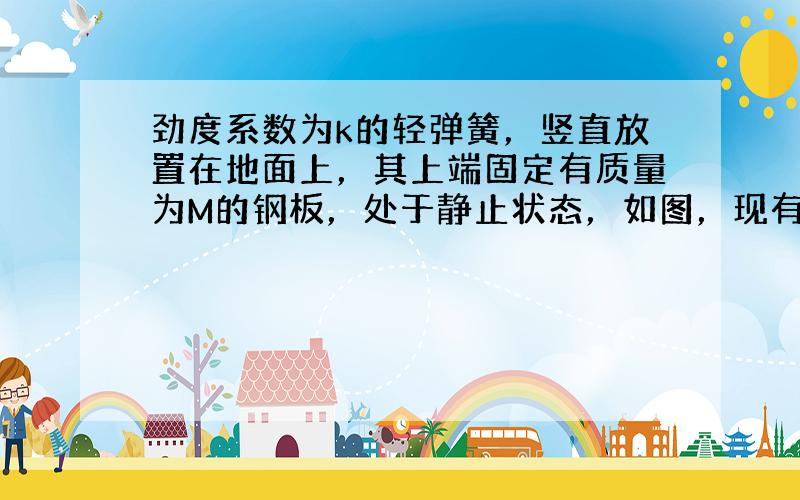 劲度系数为k的轻弹簧，竖直放置在地面上，其上端固定有质量为M的钢板，处于静止状态，如图，现有一质量为m的小球从距钢板H的