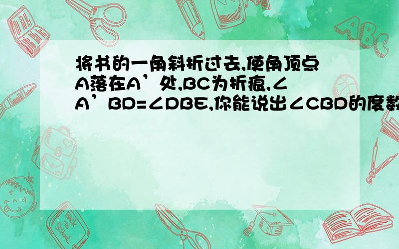 将书的一角斜折过去,使角顶点A落在A’处,BC为折痕,∠A’BD=∠DBE,你能说出∠CBD的度数吗?为什么?