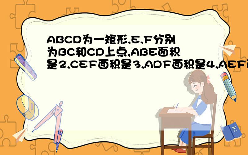 ABCD为一矩形,E,F分别为BC和CD上点,ABE面积是2,CEF面积是3,ADF面积是4,AEF面积是