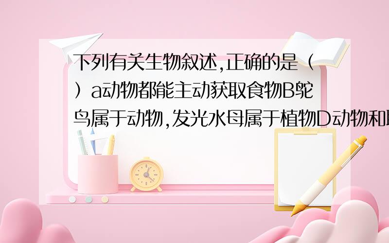 下列有关生物叙述,正确的是（）a动物都能主动获取食物B鸵鸟属于动物,发光水母属于植物D动物和职务分别组