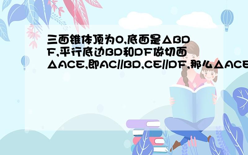 三面锥体顶为O,底面是△BDF,平行底边BD和DF做切面△ACE,即AC//BD,CE//DF,那么△ACE与△BDF是