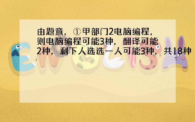 由题意，①甲部门2电脑编程，则电脑编程可能3种，翻译可能2种，剩下人选选一人可能3种，共18种 ②甲部门1电脑编程，则