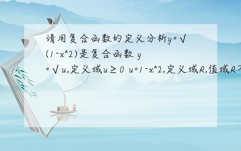 请用复合函数的定义分析y=√(1-x^2)是复合函数 y=√u,定义域u≥0 u=1-x^2,定义域R,值域R不∈{uu