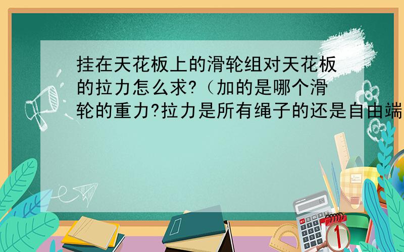 挂在天花板上的滑轮组对天花板的拉力怎么求?（加的是哪个滑轮的重力?拉力是所有绳子的还是自由端的?