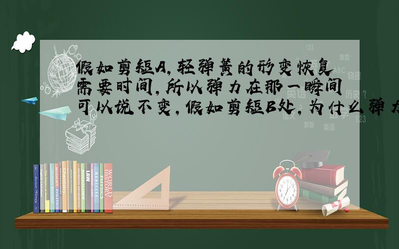 假如剪短A,轻弹簧的形变恢复需要时间,所以弹力在那一瞬间可以说不变,假如剪短B处,为什么弹力就消失?