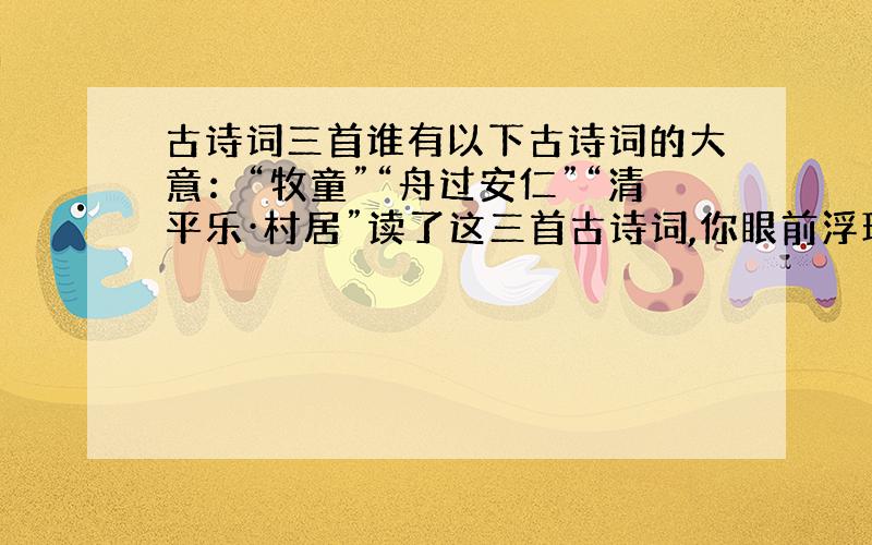 古诗词三首谁有以下古诗词的大意：“牧童”“舟过安仁”“清平乐·村居”读了这三首古诗词,你眼前浮现出怎样的情景?体会到怎样