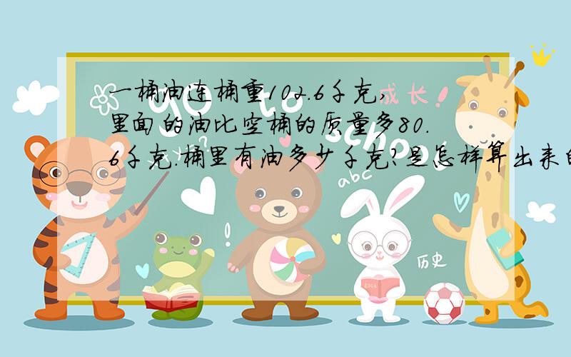 一桶油连桶重102.6千克,里面的油比空桶的质量多80.6千克.桶里有油多少千克?是怎样算出来的?