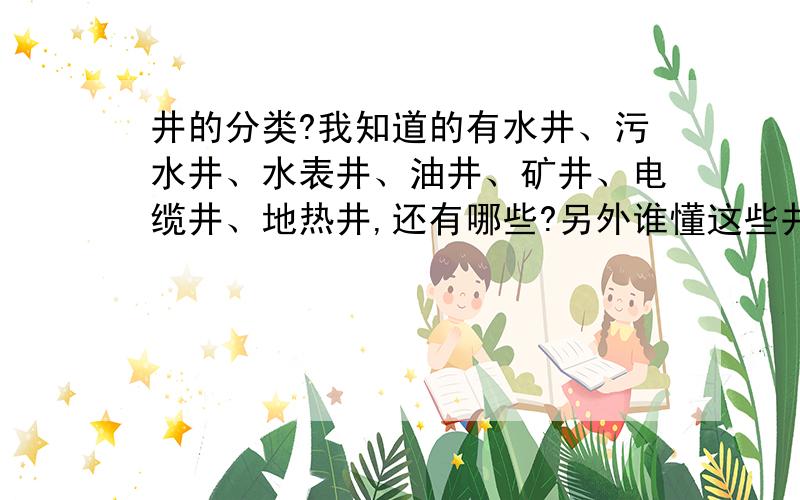 井的分类?我知道的有水井、污水井、水表井、油井、矿井、电缆井、地热井,还有哪些?另外谁懂这些井怎么区分?