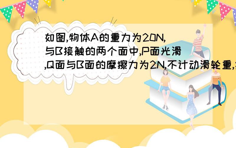 如图,物体A的重力为20N,与B接触的两个面中,P面光滑,Q面与B面的摩擦力为2N,不计动滑轮重,绳重及滑轮的摩擦,求：