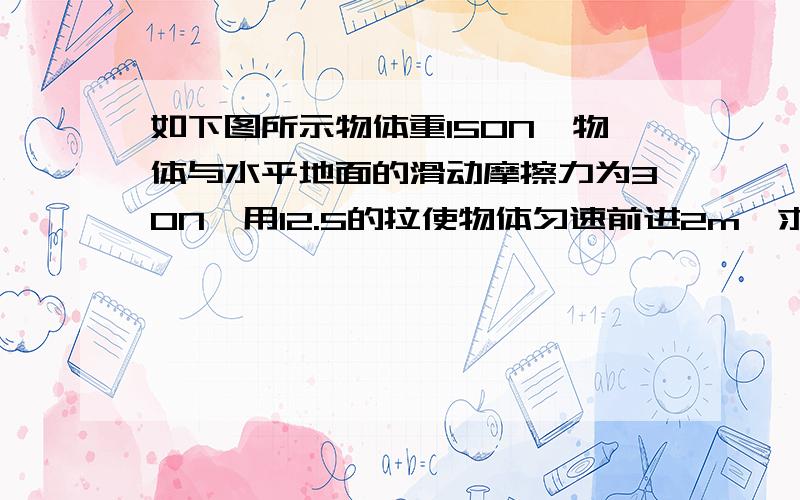 如下图所示物体重150N,物体与水平地面的滑动摩擦力为30N,用12.5的拉使物体匀速前进2m,求总功,有用功和这个滑轮