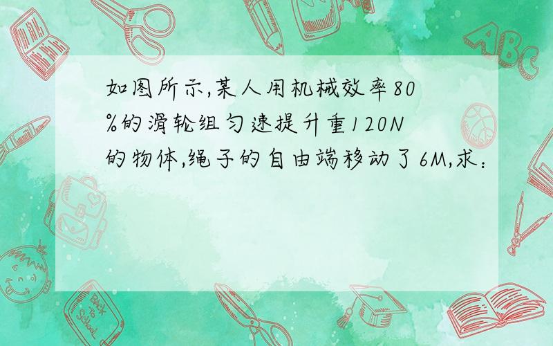 如图所示,某人用机械效率80%的滑轮组匀速提升重120N的物体,绳子的自由端移动了6M,求：