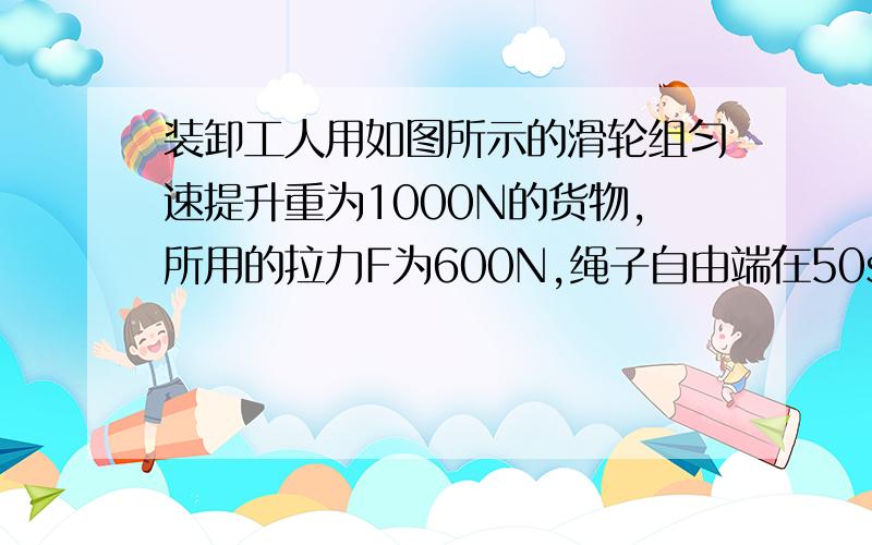 装卸工人用如图所示的滑轮组匀速提升重为1000N的货物,所用的拉力F为600N,绳子自由端在50s内被拉下2m,在此过程