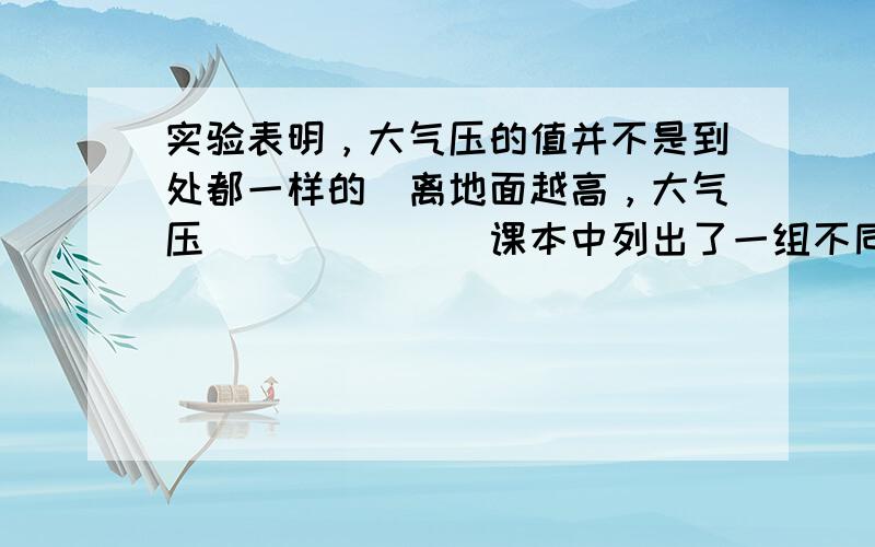 实验表明，大气压的值并不是到处都一样的．离地面越高，大气压______．课本中列出了一组不同高度的大气压值，请查阅并回答