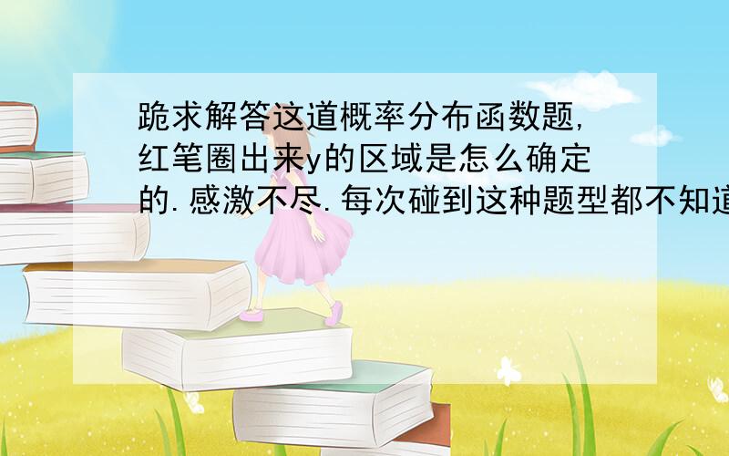 跪求解答这道概率分布函数题,红笔圈出来y的区域是怎么确定的.感激不尽.每次碰到这种题型都不知道如何确定,很是困扰.