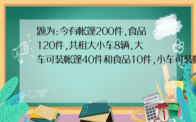 题为:今有帐篷200件,食品120件,共租大小车8辆,大车可装帐篷40件和食品10件,小车可装帐篷食品各20件,求可安排