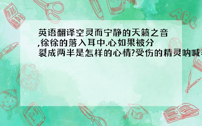 英语翻译空灵而宁静的天籁之音,徐徐的落入耳中.心如果被分裂成两半是怎样的心情?受伤的精灵呐喊着自己破碎的心灵.Heart