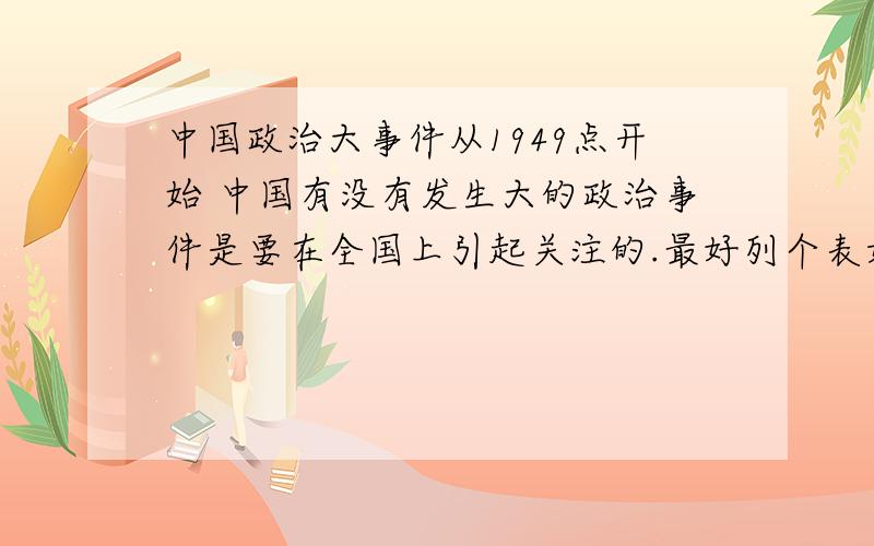 中国政治大事件从1949点开始 中国有没有发生大的政治事件是要在全国上引起关注的.最好列个表如果实在不知道那么多,写几个