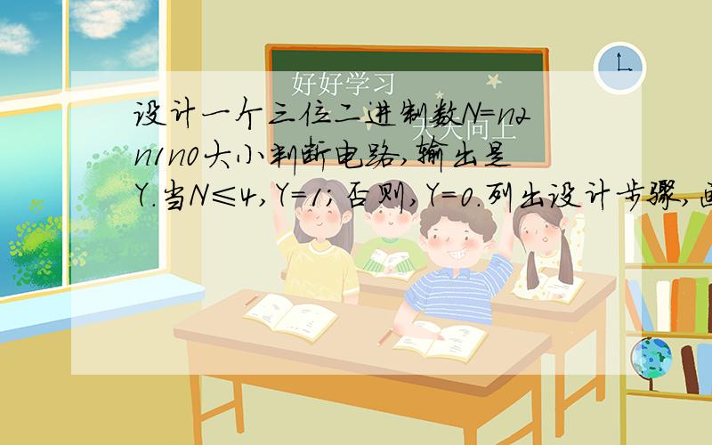 设计一个三位二进制数N=n2n1n0大小判断电路,输出是Y.当N≤4,Y=1;否则,Y=0.列出设计步骤,画出逻辑电路图