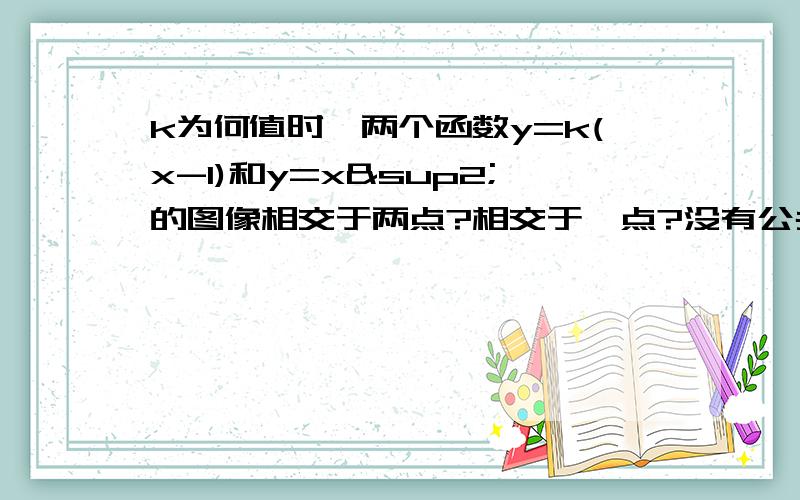 k为何值时,两个函数y=k(x-1)和y=x²的图像相交于两点?相交于一点?没有公共点?