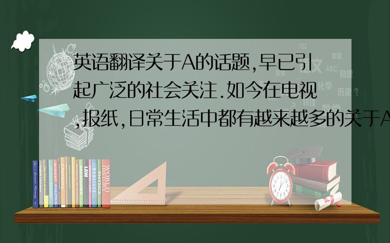 英语翻译关于A的话题,早已引起广泛的社会关注.如今在电视,报纸,日常生活中都有越来越多的关于A的议论.给A一个恒定的定义