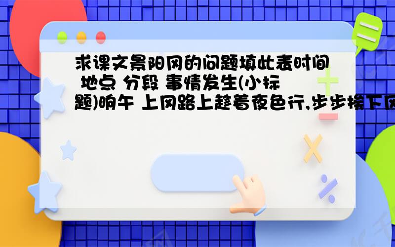 求课文景阳冈的问题填此表时间 地点 分段 事情发生(小标题)晌午 上冈路上趁着夜色行,步步挨下冈